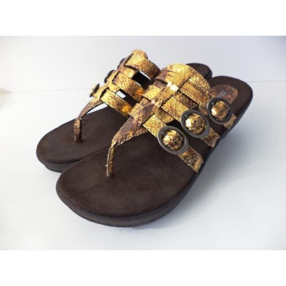 SKECHERS EUR 40 US 9M BRONZE SNAKE PRINT THONG PLATFORM WEDGE SLIDE SANDAL SHOE - Picture 1 of 7